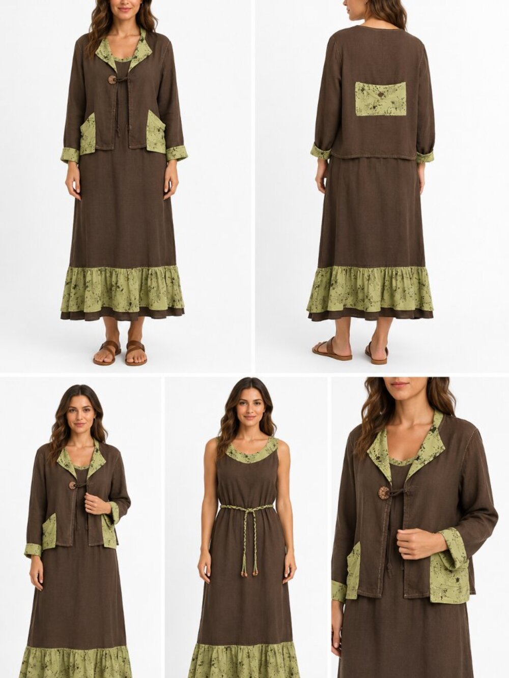 Tera Bora 2 Pc Boho Lagenlook Brown Green Linen Blend Dress Jacket Set T1